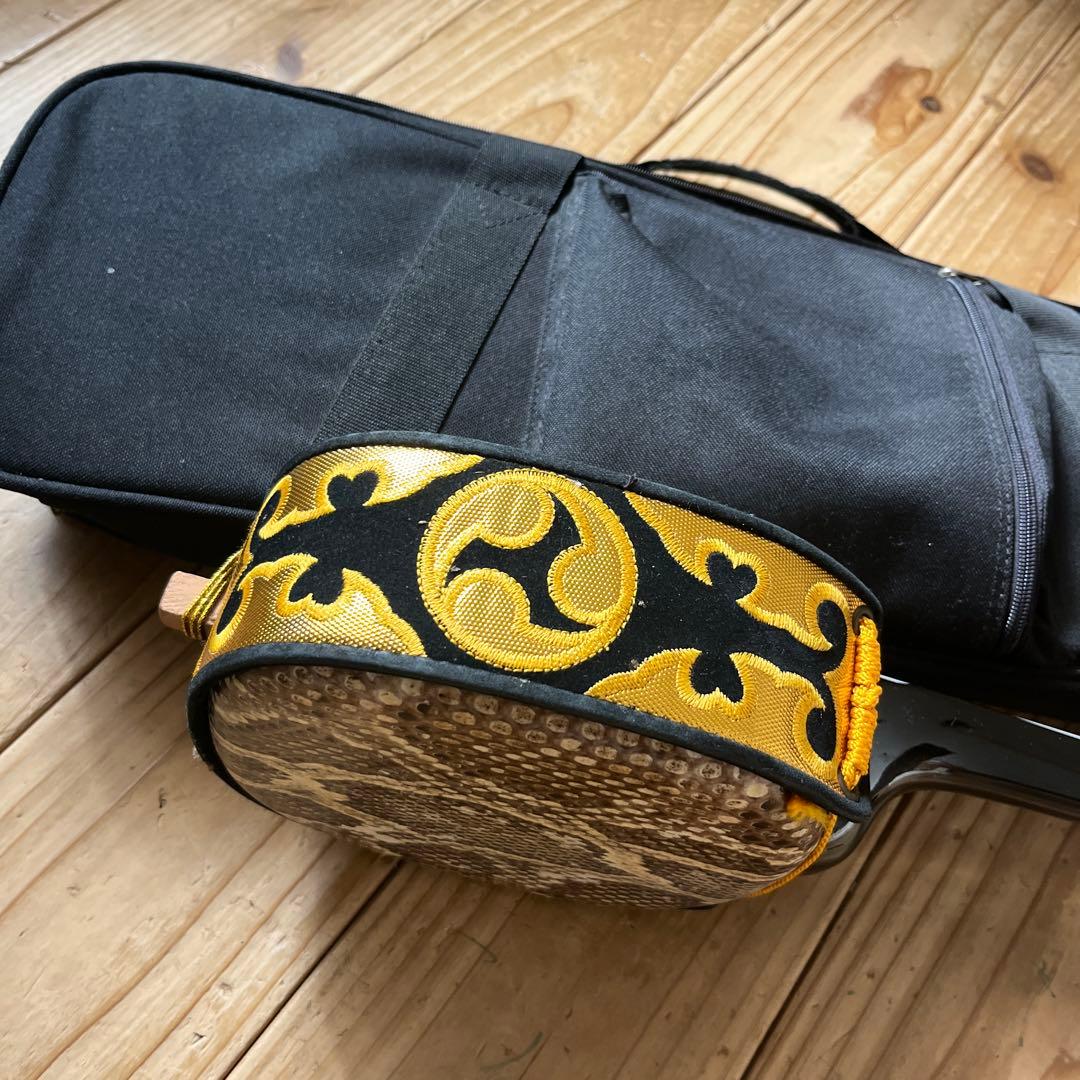 沖縄三線　蛇本革　ケース付き　弦の棒が一本折れています。つめ2個　予備棒　弦付き