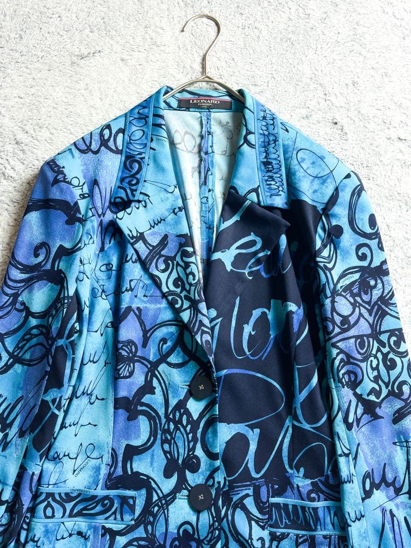 【LEONARD】カンカン素材 英文字柄テーラードジャケット トリム ロゴ釦 M