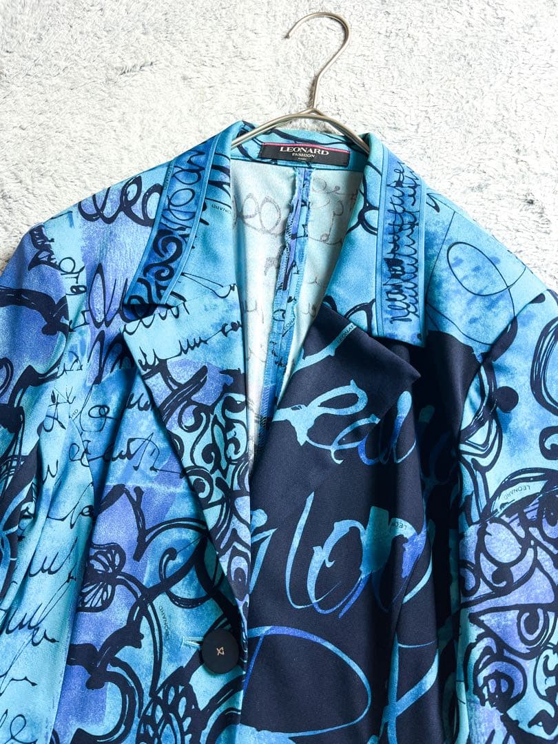 【LEONARD】カンカン素材 英文字柄テーラードジャケット トリム ロゴ釦 M