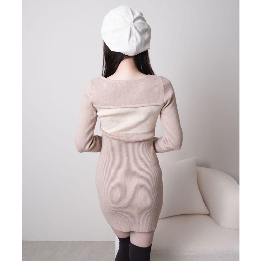 LIP SERVICE デコルテオープンバイカラーリボンニットワンピース