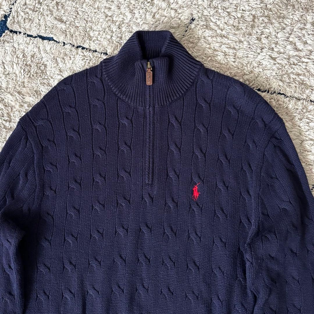 【希少✨】ポロラルフローレン　ケーブルニット　ハーフジップ　紺　大人気　刺繍　M