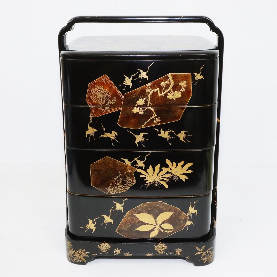 蒔絵 金彩 漆器 重箱 4段 梨地 岡持ち 木製 木箱付き