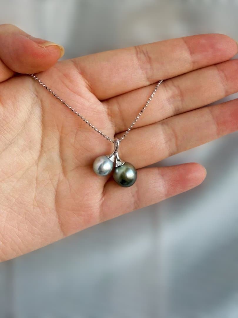 【大珠チェリー】黒蝶真珠×真多麻アコヤ 12mmアップ 揺れるS925ペンダント