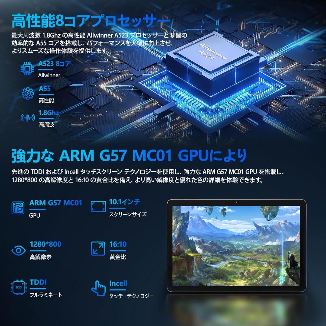 タブレット 10インチ Wi-Fi アンドロイドタブレット 12GB+128GB