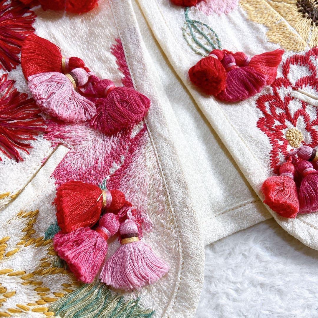 【希少】 ケイタマルヤマ リネン100% ベスト 刺繍 花柄 フリンジ