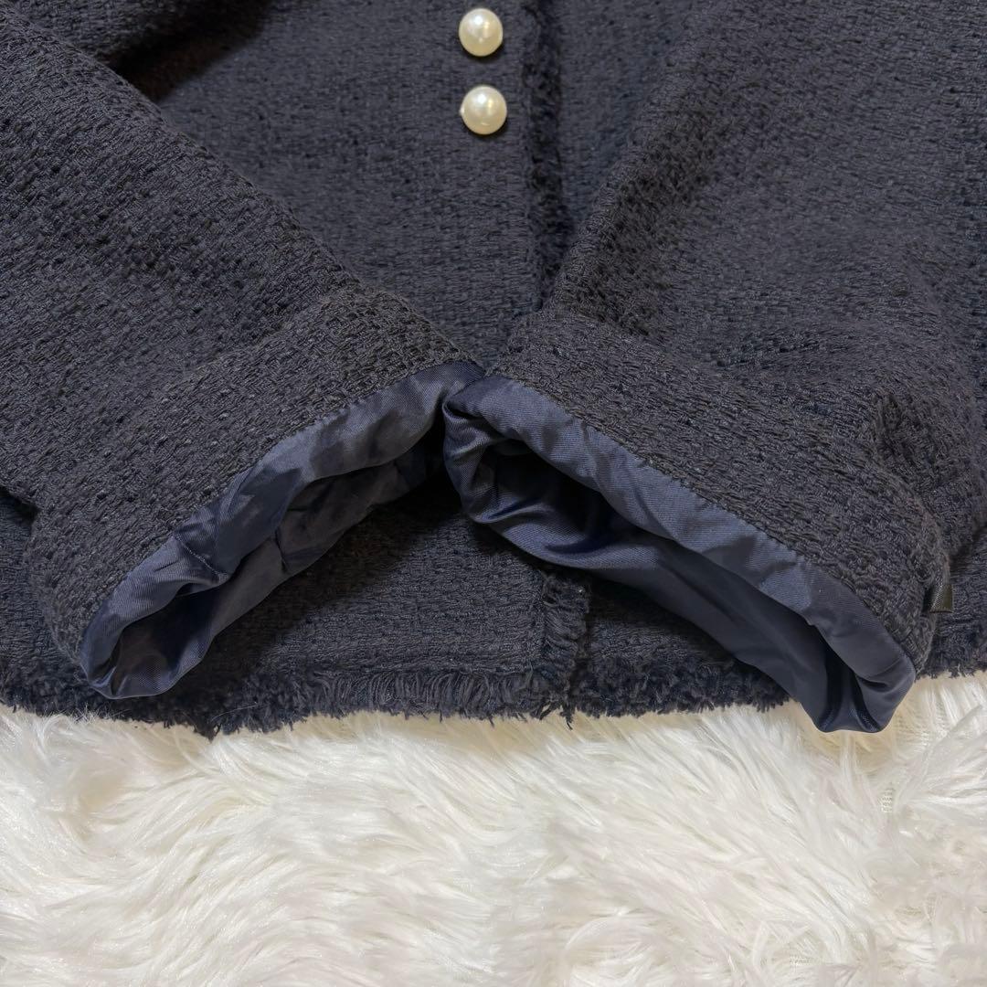 SHIPS シップス ノーカラージャケット パール　ネイビー ツイード　38