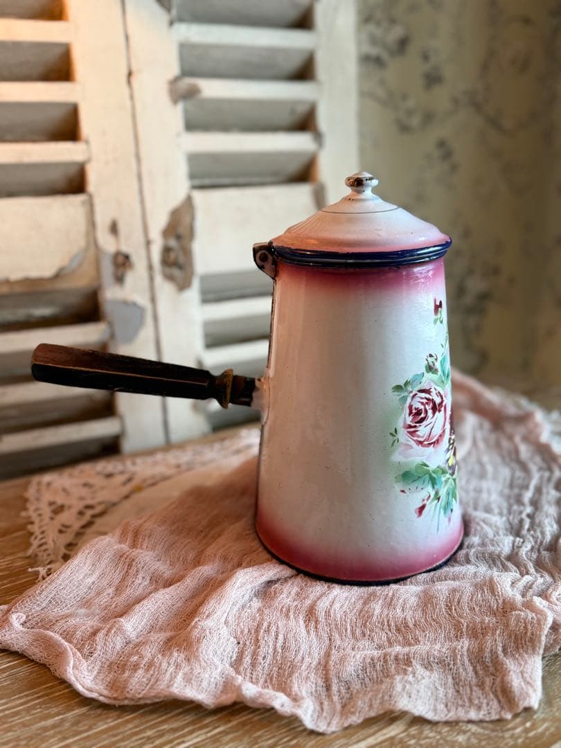 フランスアンティークホーロージャピー社ピンク薔薇とパンジー柄レア！ショコラティエ