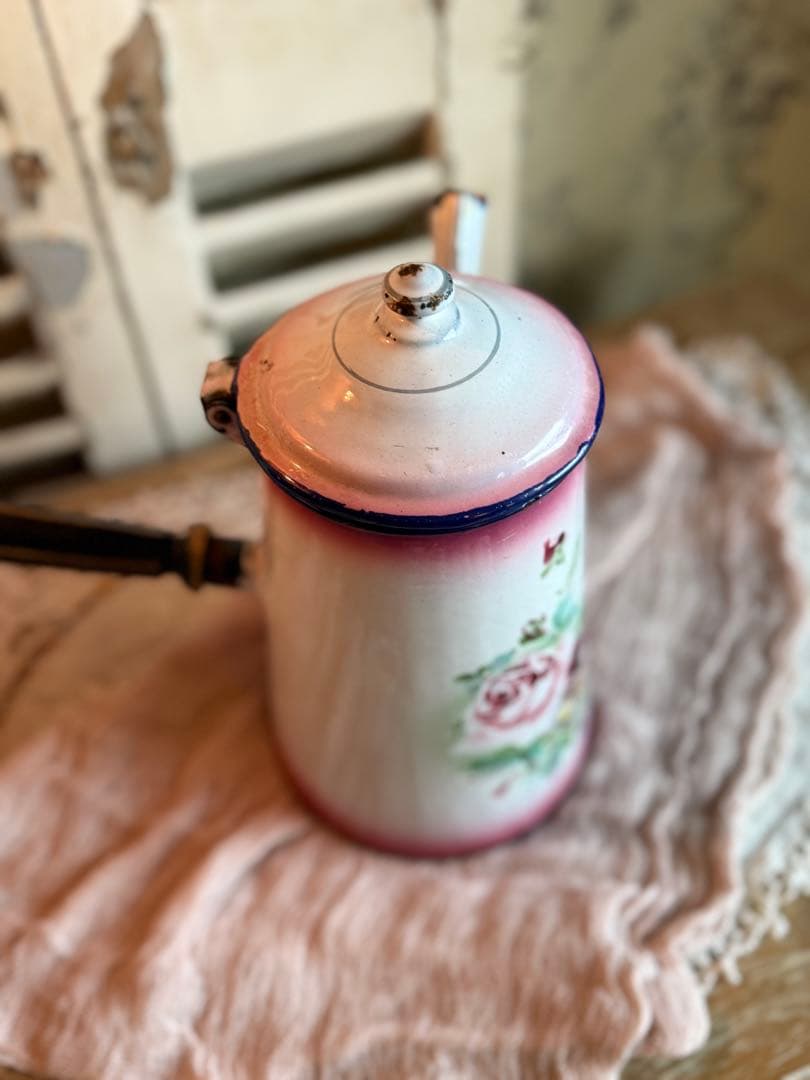 フランスアンティークホーロージャピー社ピンク薔薇とパンジー柄レア！ショコラティエ