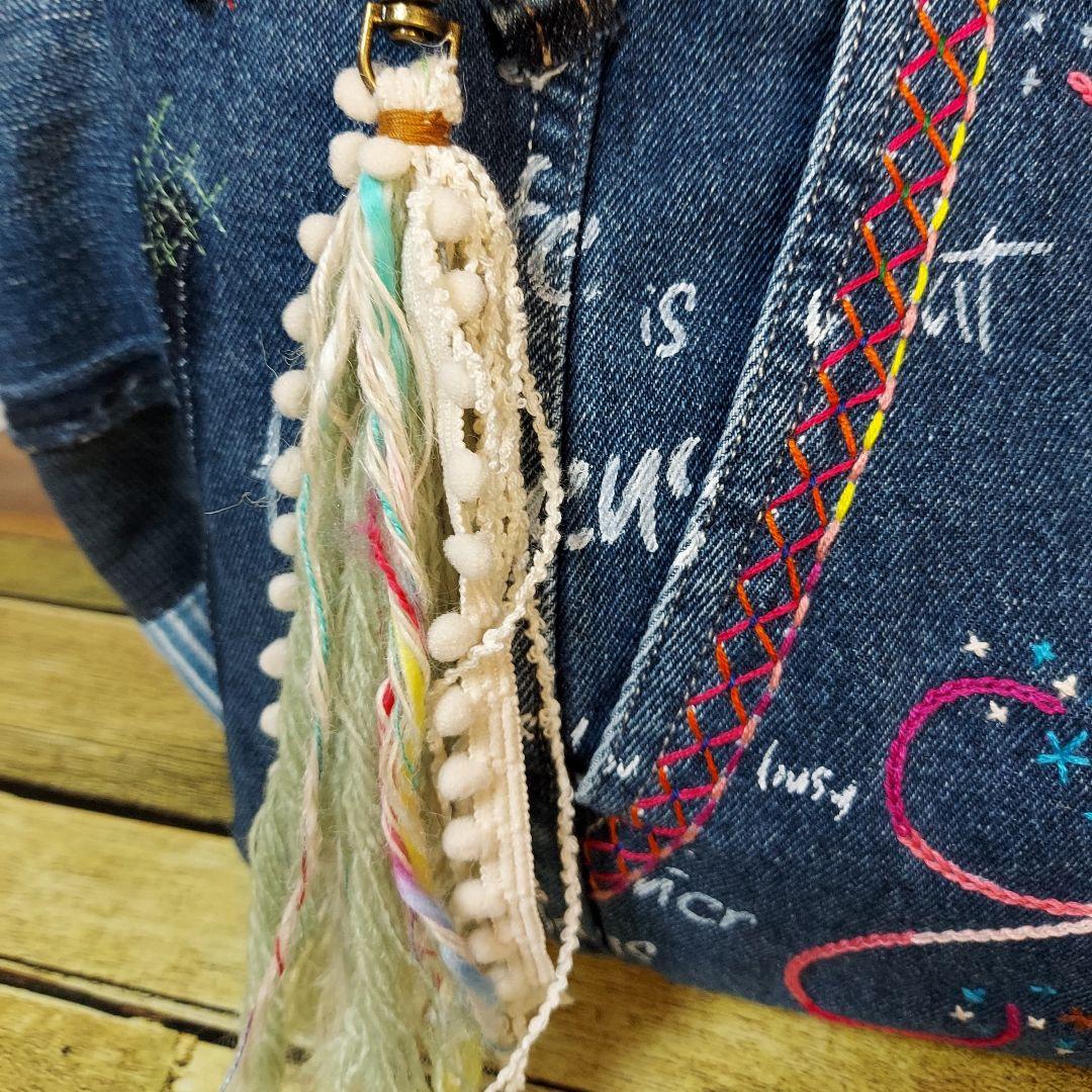 刺繍デニムバック　No.652　デニムリメイク　刺繍バック　サイドポケット