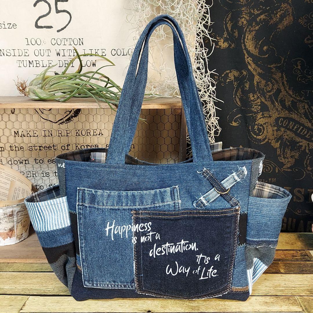 刺繍デニムバック　No.652　デニムリメイク　刺繍バック　サイドポケット