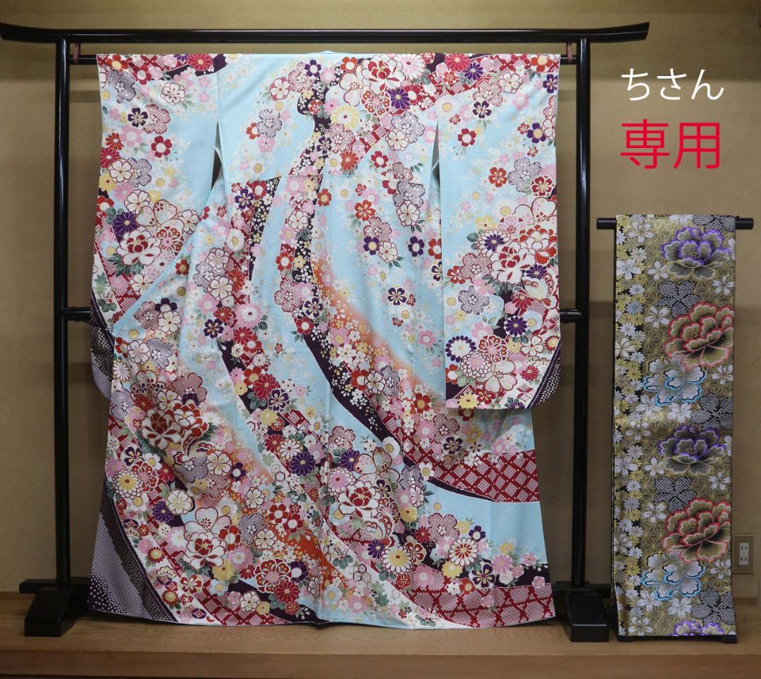 ブルー振袖（正絹）・六通袋帯（正絹）・長襦袢（合繊）三点セット 【美品】Sサイズ