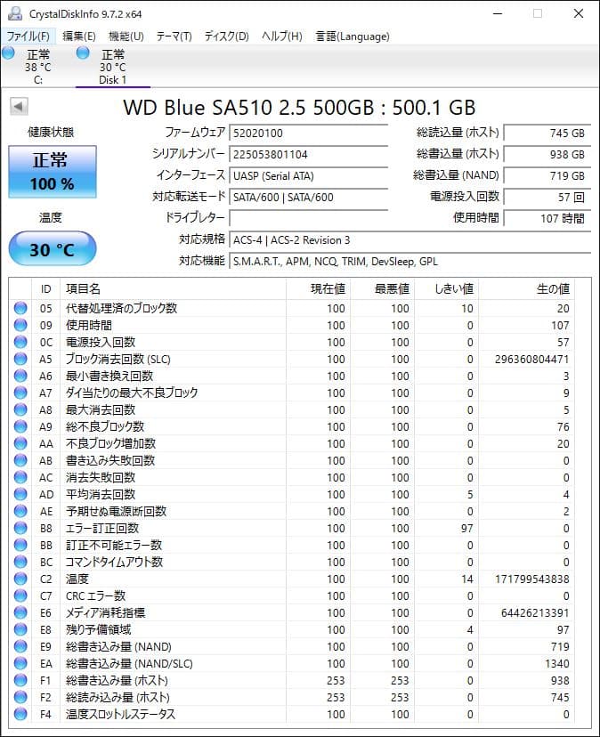 WD Blue SA510 500GB SSD 稼働107時間　100%　104