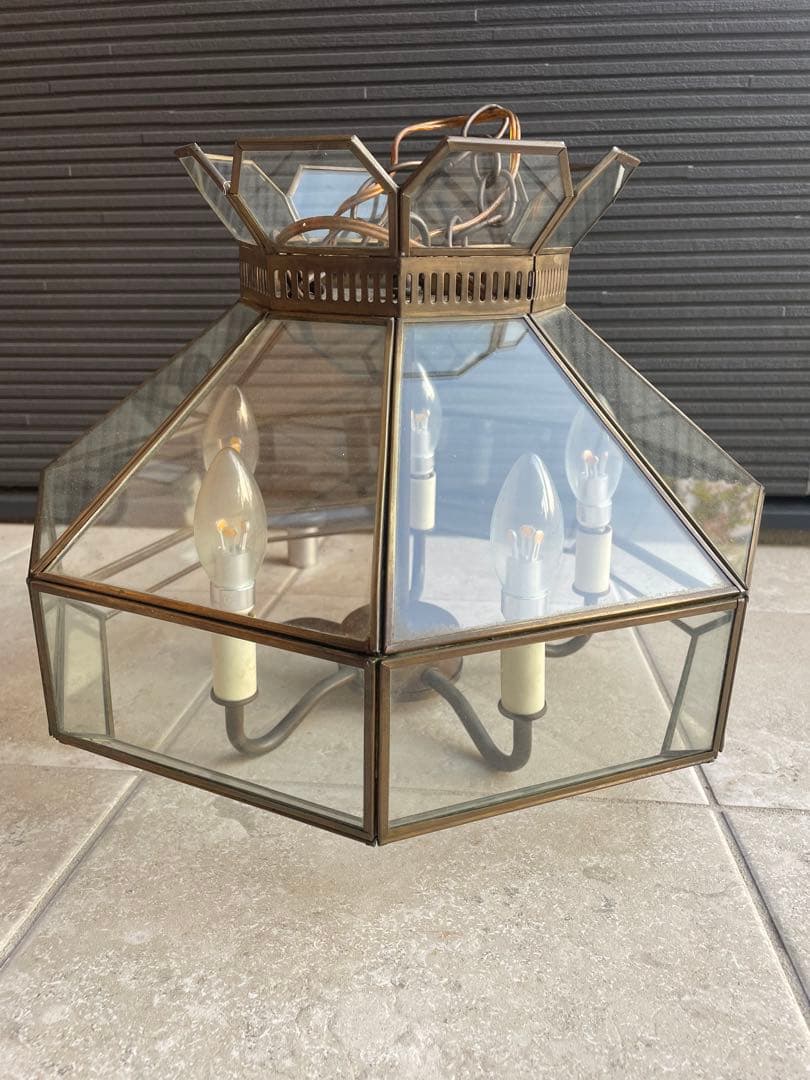 真鍮製　ガラス製　ペンダントライト　8角形　アンティーク　昭和