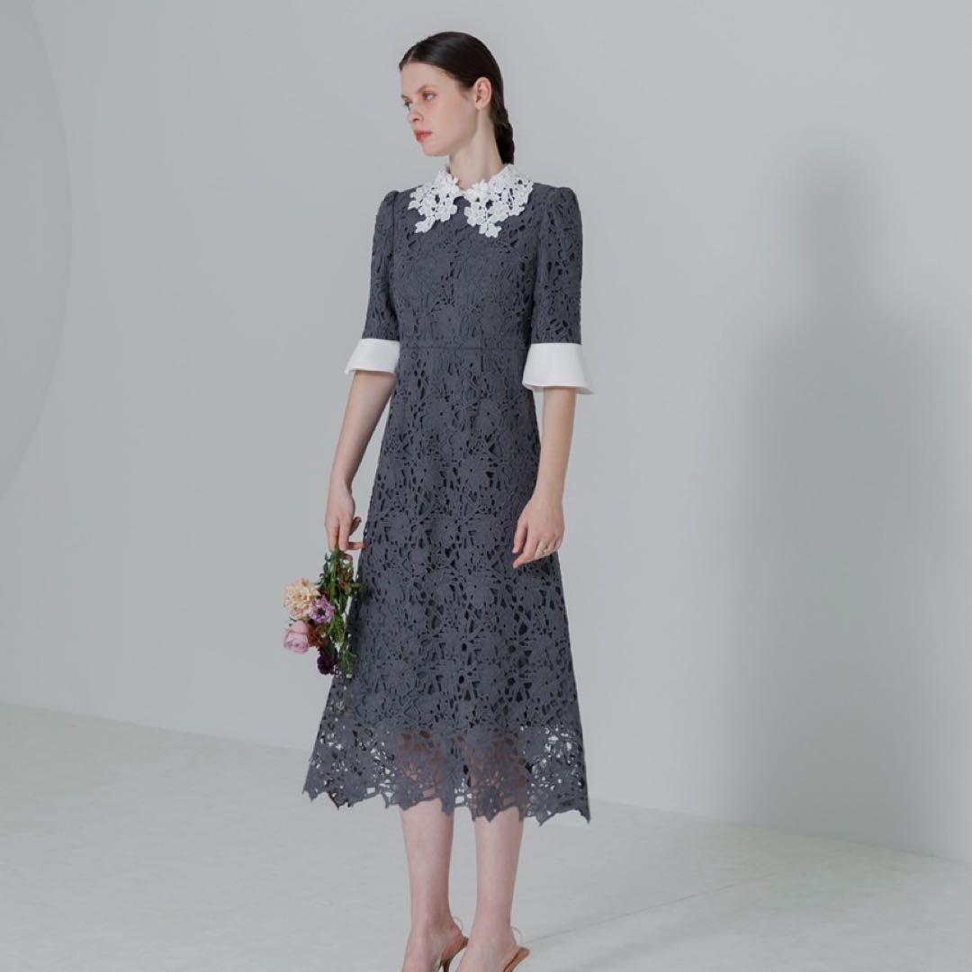 【Leja】花柄レースカラースパンコール刺繍Aラインフレアドレスワンピース