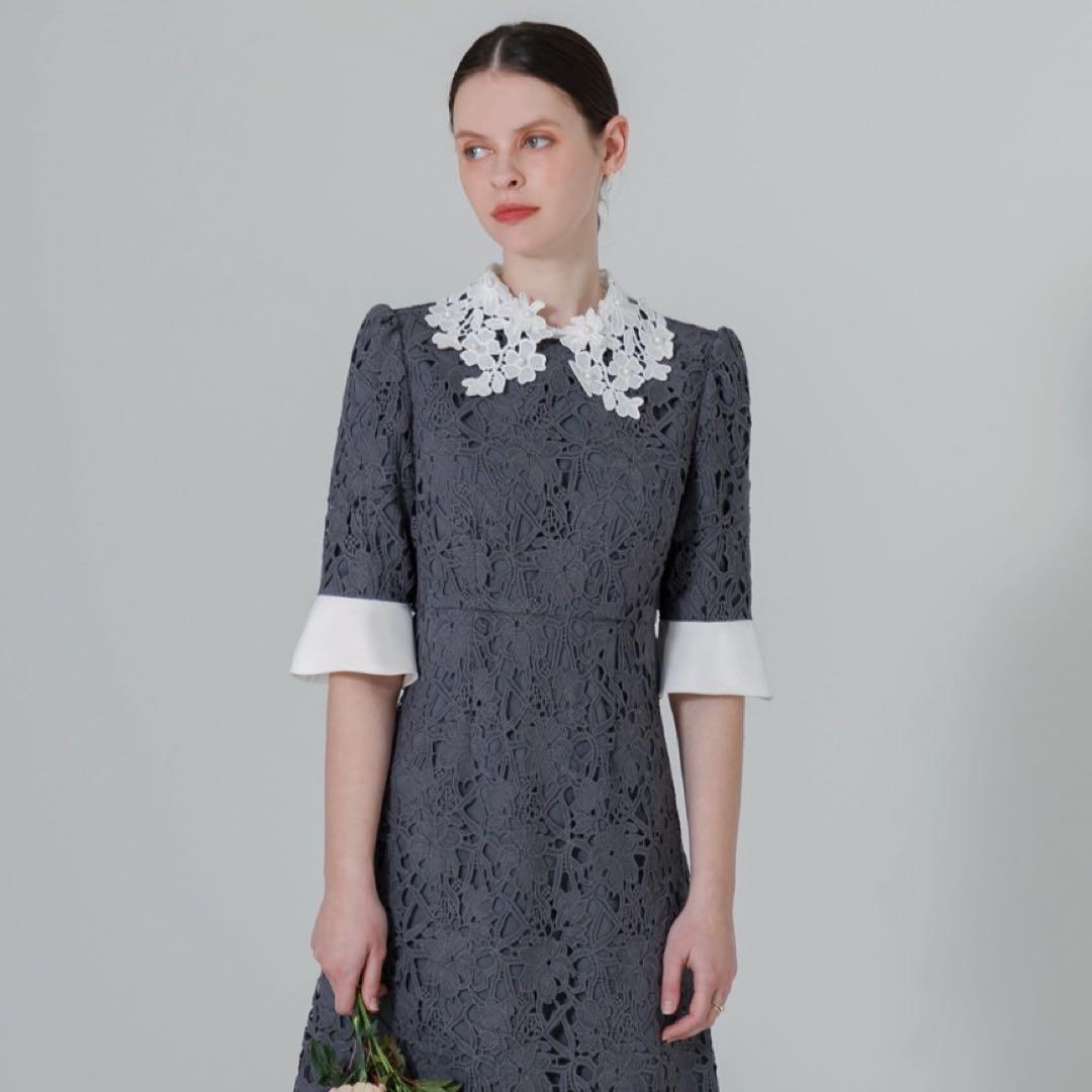 【Leja】花柄レースカラースパンコール刺繍Aラインフレアドレスワンピース