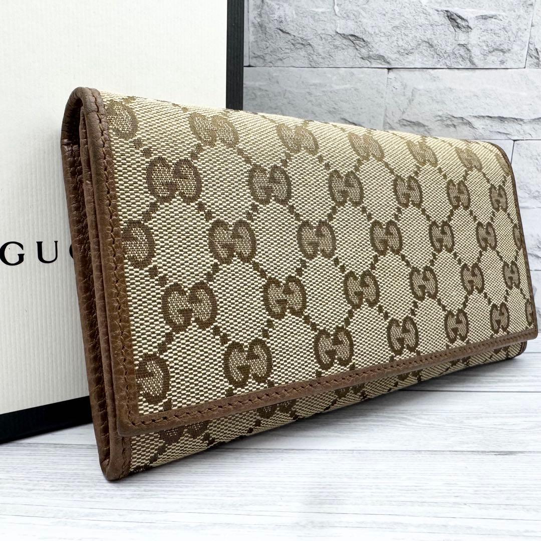 【美品】GUCCI GGキャンバス 長財布 　二つ折り ブラウン　レザー
