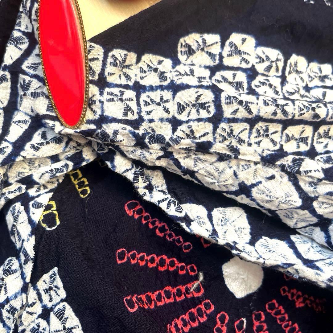 有松鳴海絞り 手蜘蛛しぼり浴衣 濃紺×白地 菊繋ぎ 一部しつけ付き 美品