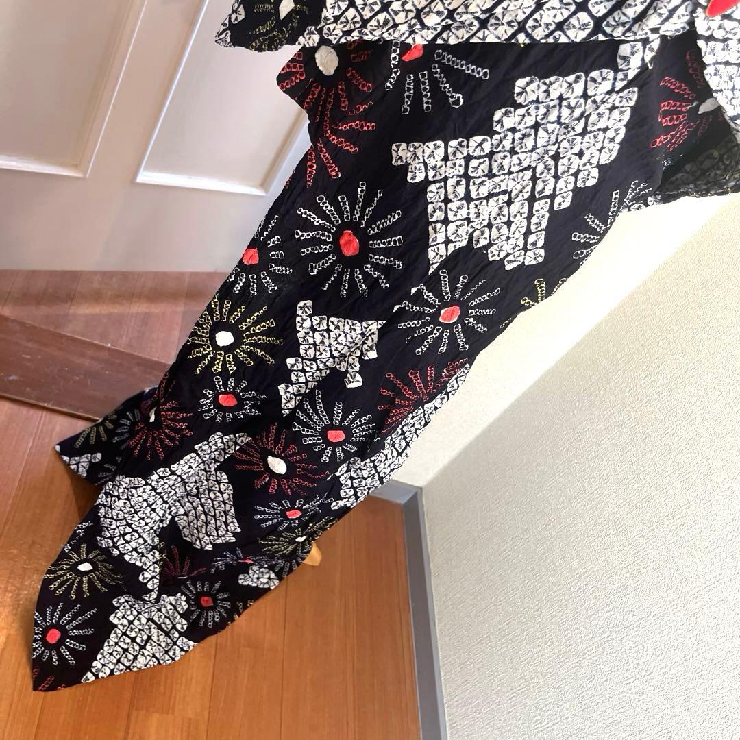 有松鳴海絞り 手蜘蛛しぼり浴衣 濃紺×白地 菊繋ぎ 一部しつけ付き 美品