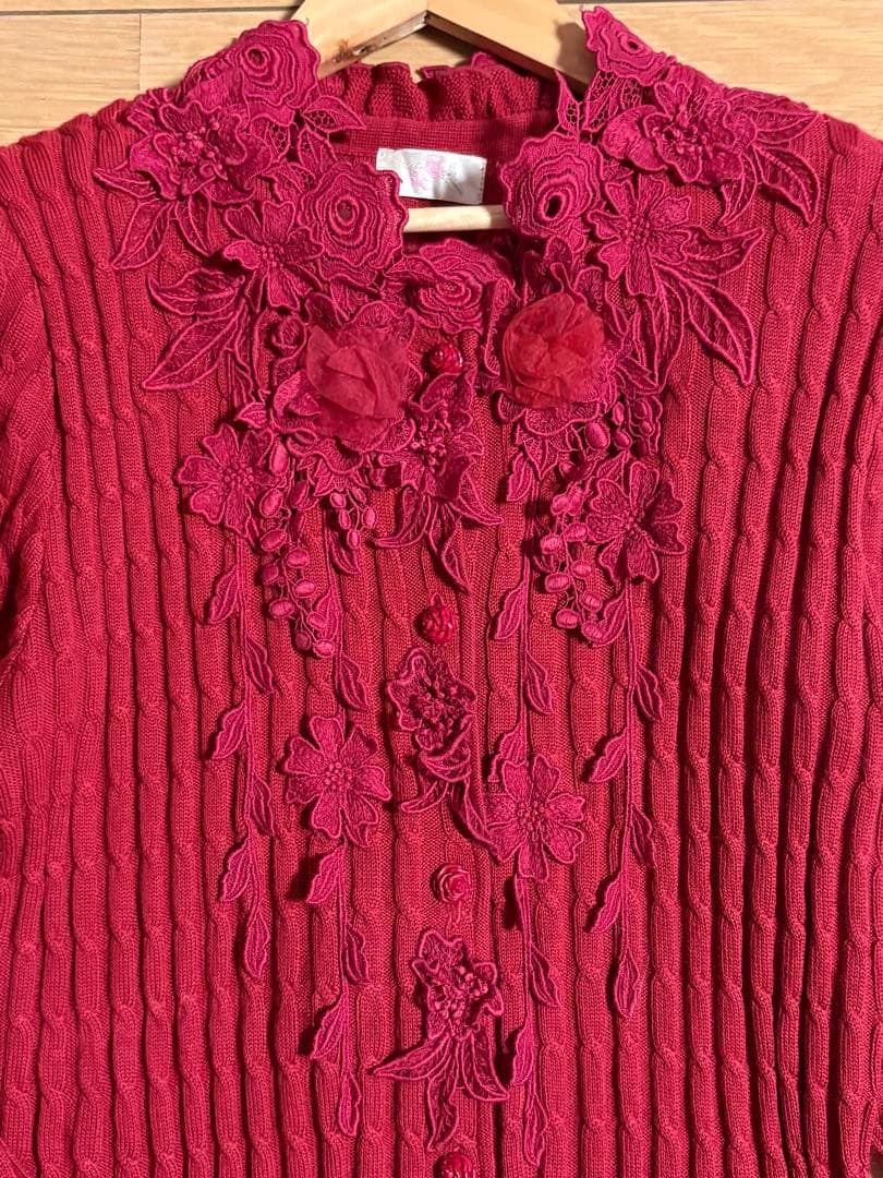 アトリエまりこ　花モチーフ刺繍レース　ロングニットワンピース