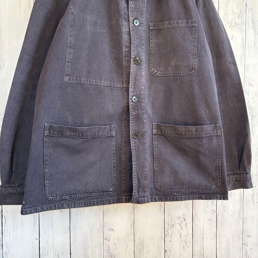 60s 70s フランス軍 ヘリンボーン カバーオール ワークジャケット 黒 M