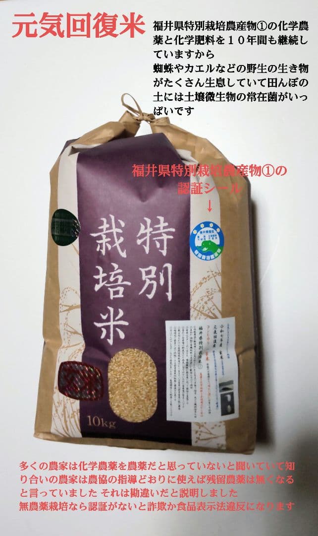 他の米とは手間が百倍 発芽用玄米10kg ７年産コシヒカリ 特栽① 農薬等不使用