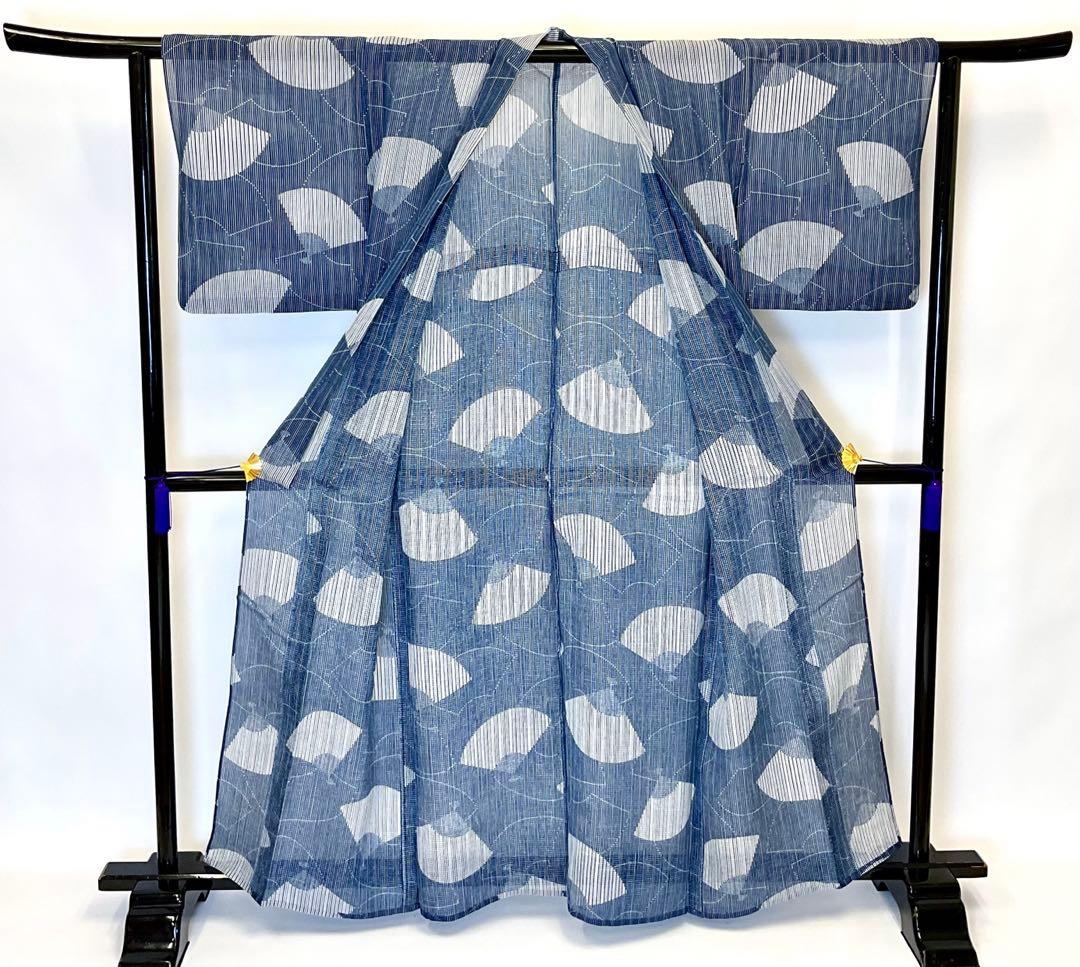 RINKO 竺仙綿紅梅藍色に大胆な白の扇が爽やかな浴衣