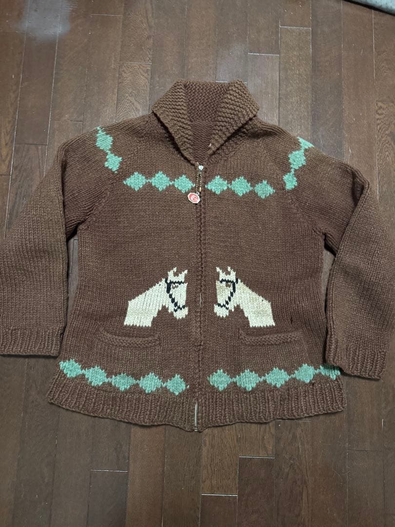 70s 馬柄 カウチンニット ジップアップ セーター ブラウン