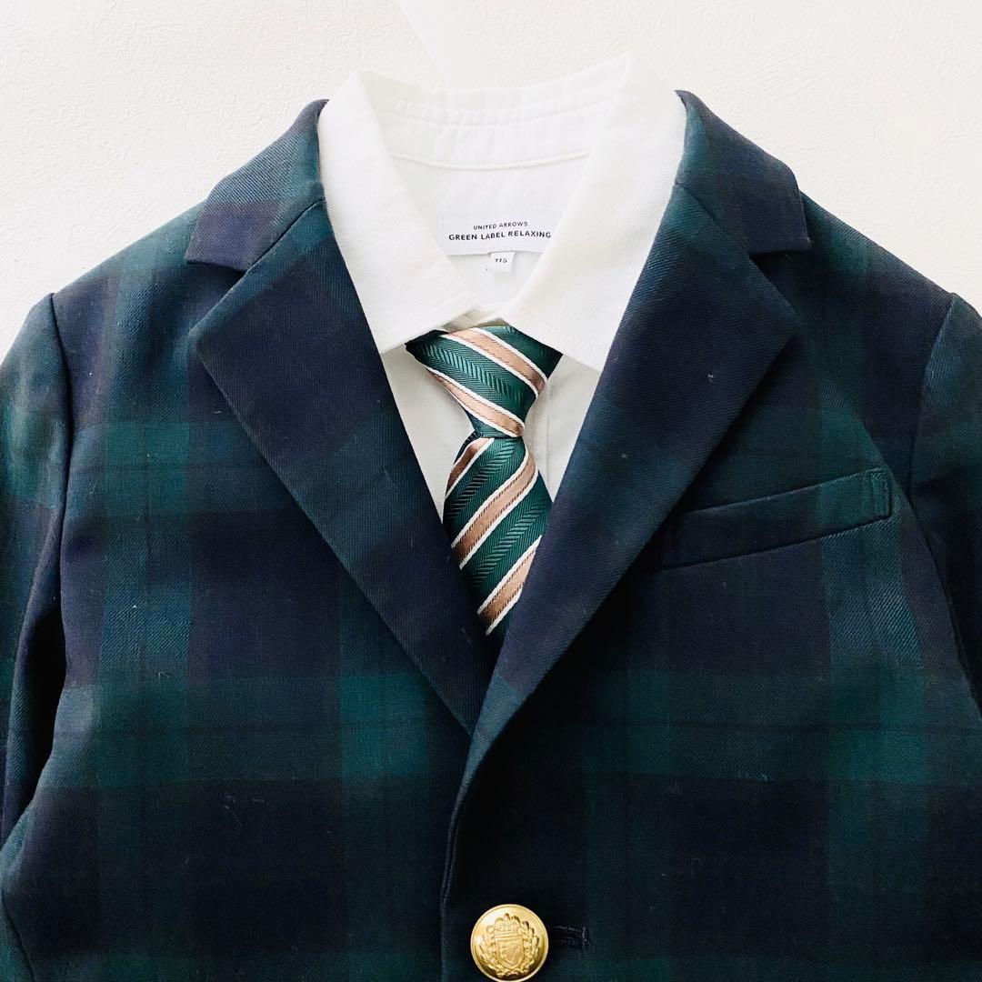 美品　グリーンレーベル　男の子スーツ４点セット　115 チェック柄　グリーン