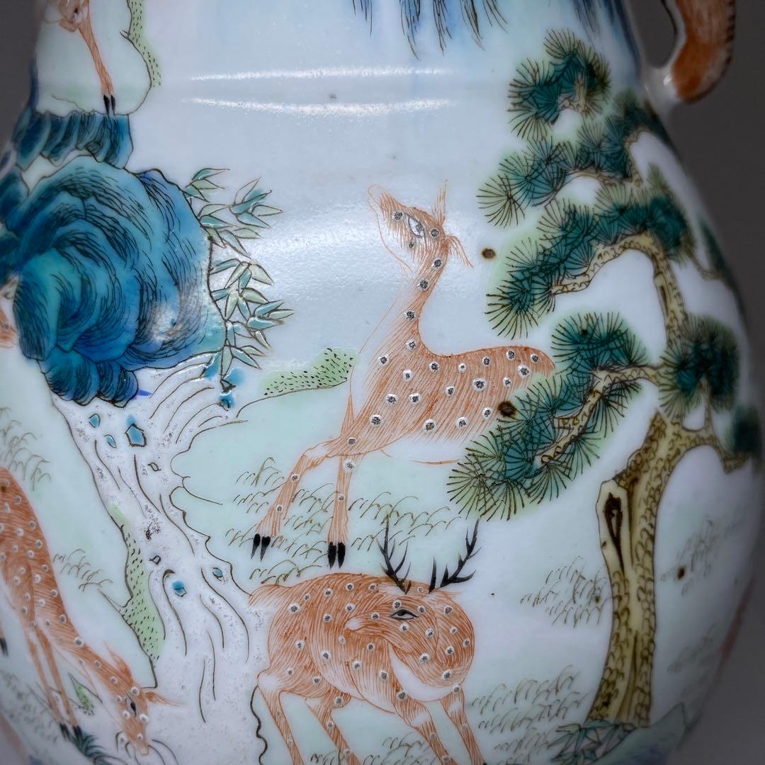 専用　中国清時代大清乾隆年製粉彩鹿の図花瓶　高さ21.3㎝東Y7-0314☆2F