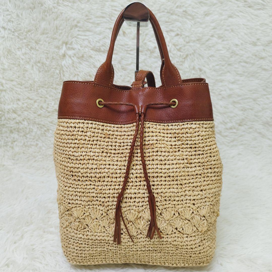 genten　かごバッグ　ストロー　ラフィア　2way レザー　スリングショルダ