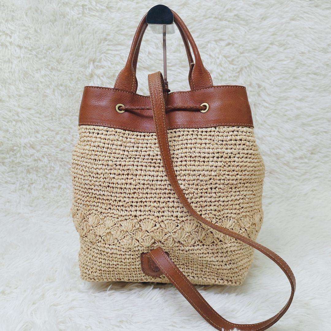 genten　かごバッグ　ストロー　ラフィア　2way レザー　スリングショルダ