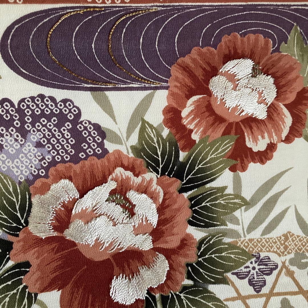 アンティーク京袋帯　しつけ糸付　アイボリー 牡丹・金駒刺繍　正絹　N1-25