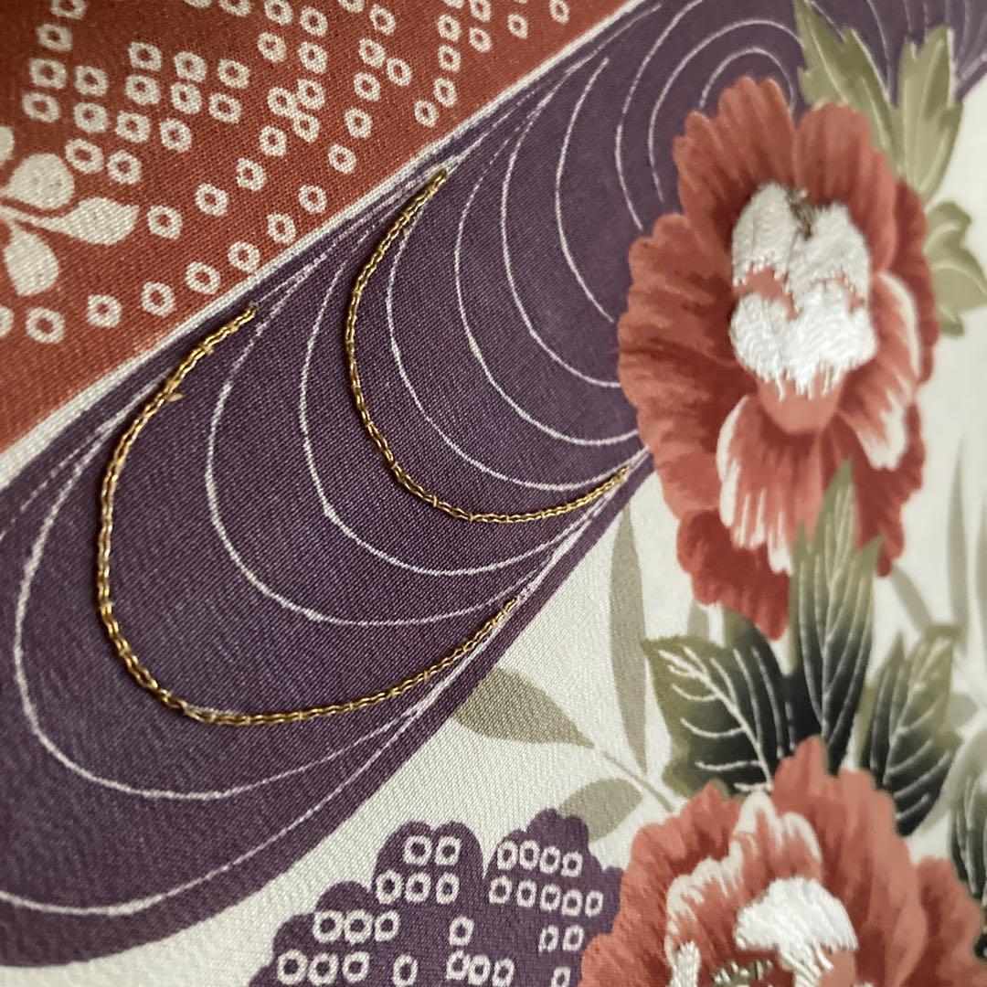 アンティーク京袋帯　しつけ糸付　アイボリー 牡丹・金駒刺繍　正絹　N1-25