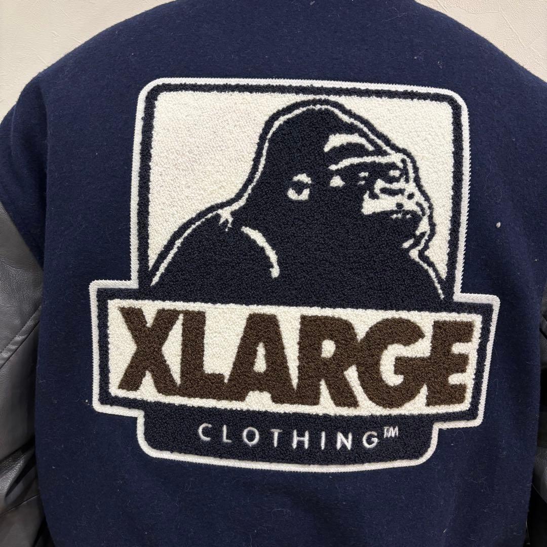【超人気】エクストララージ☆ 袖切り替えパイルロゴウールスタジャン M ネイビー
