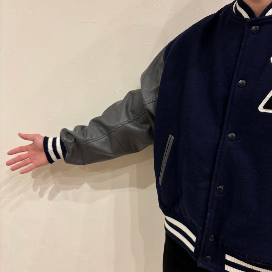 【超人気】エクストララージ☆ 袖切り替えパイルロゴウールスタジャン M ネイビー