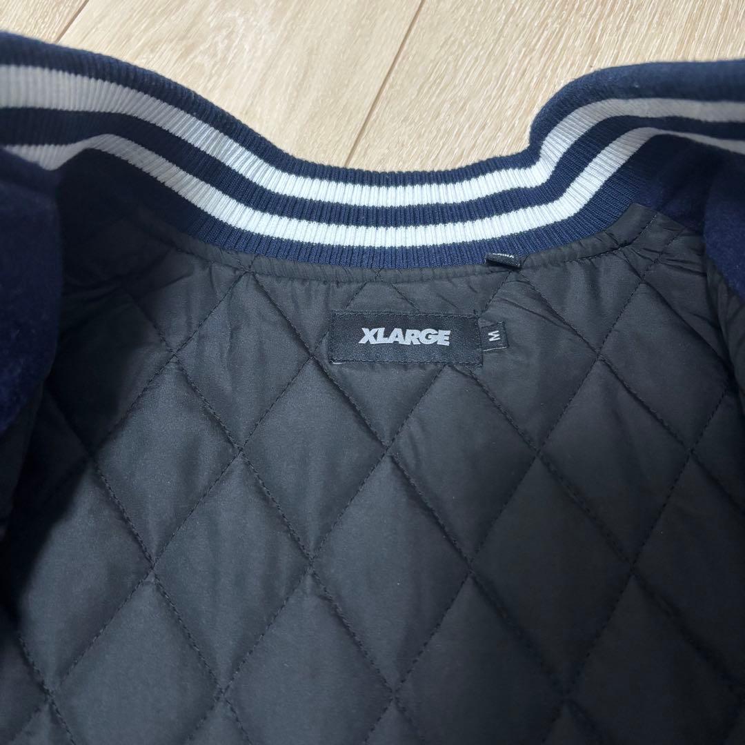 【超人気】エクストララージ☆ 袖切り替えパイルロゴウールスタジャン M ネイビー