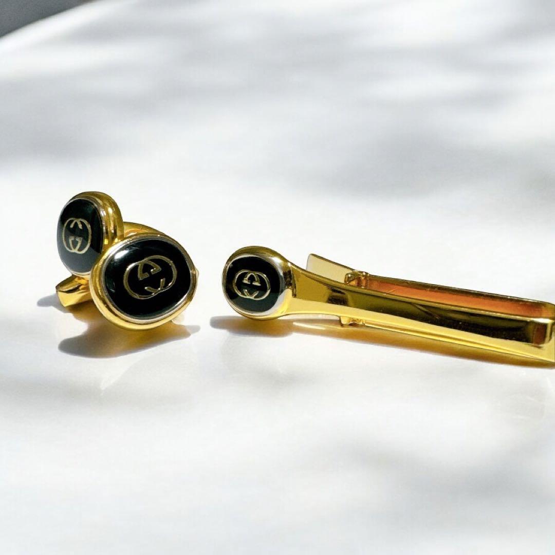 【美品】3点セット　オールドグッチ　カフス タイピン ゴールド GGロゴ