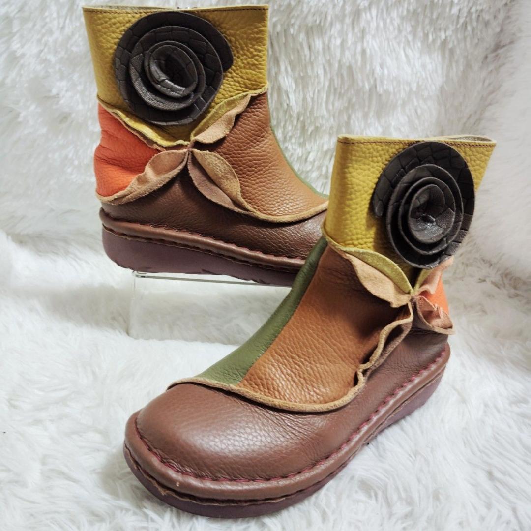 エスタシオン レザーサイドジップブーツ最終価格 L 24〜24.5 花モチーフ