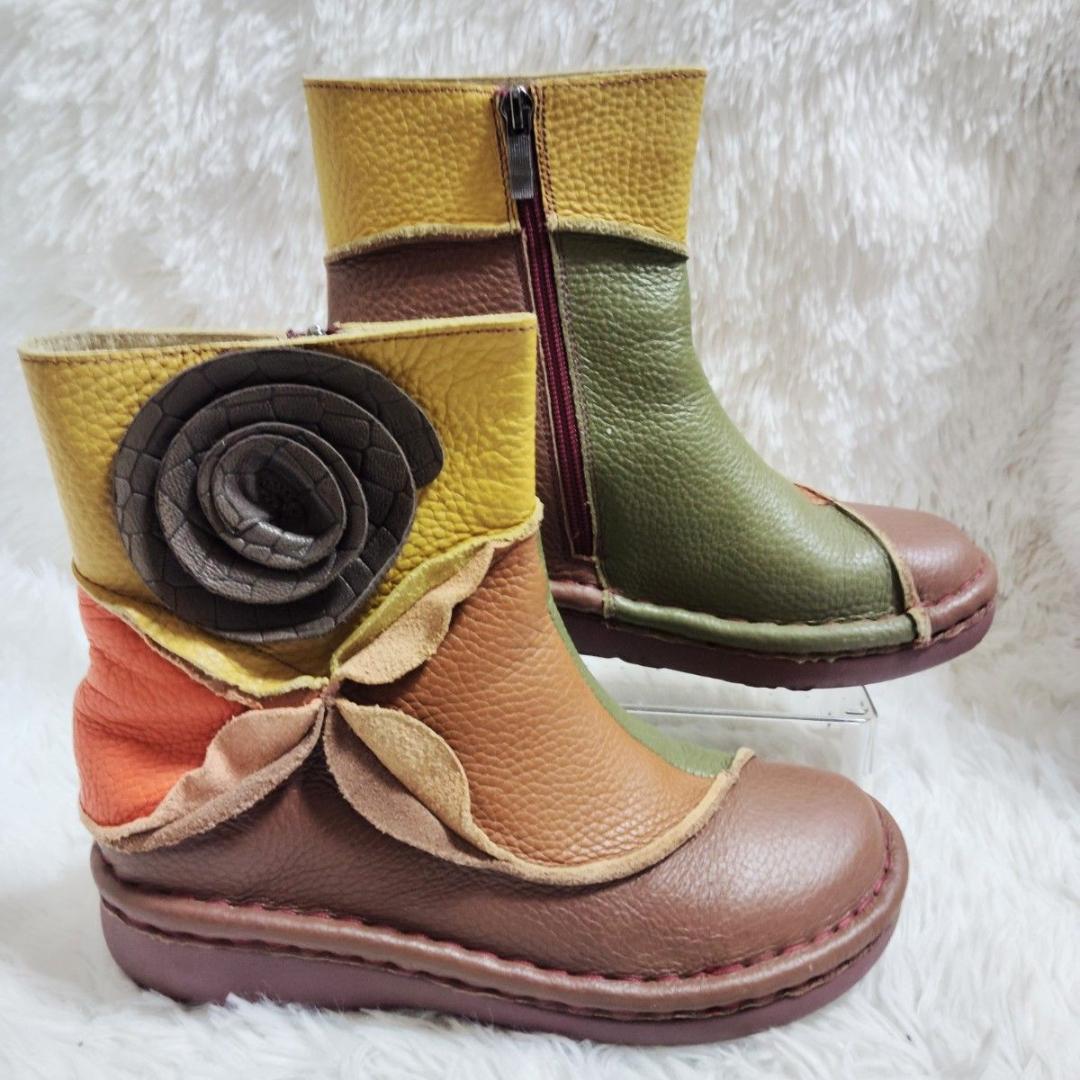 エスタシオン レザーサイドジップブーツ最終価格 L 24〜24.5 花モチーフ