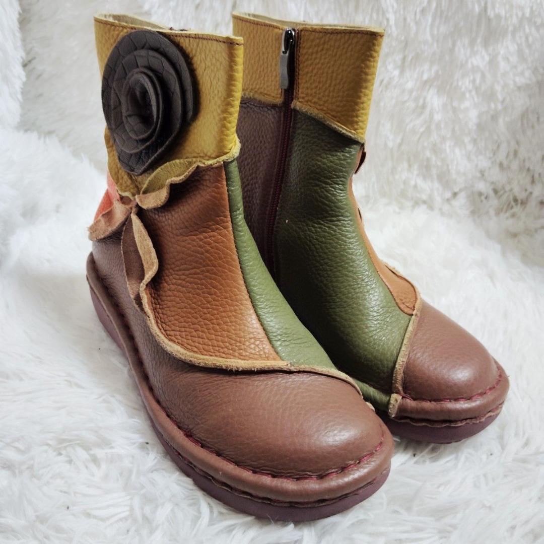 エスタシオン レザーサイドジップブーツ最終価格 L 24〜24.5 花モチーフ