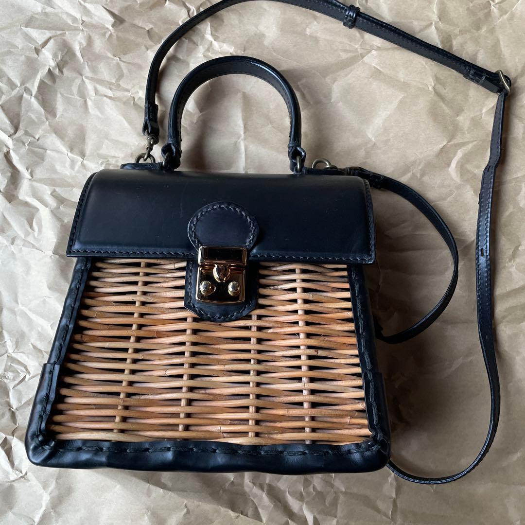 【ebagos】エバゴス カーフ ハンドバッグ S ケリー ミニ ブラック 籐籠