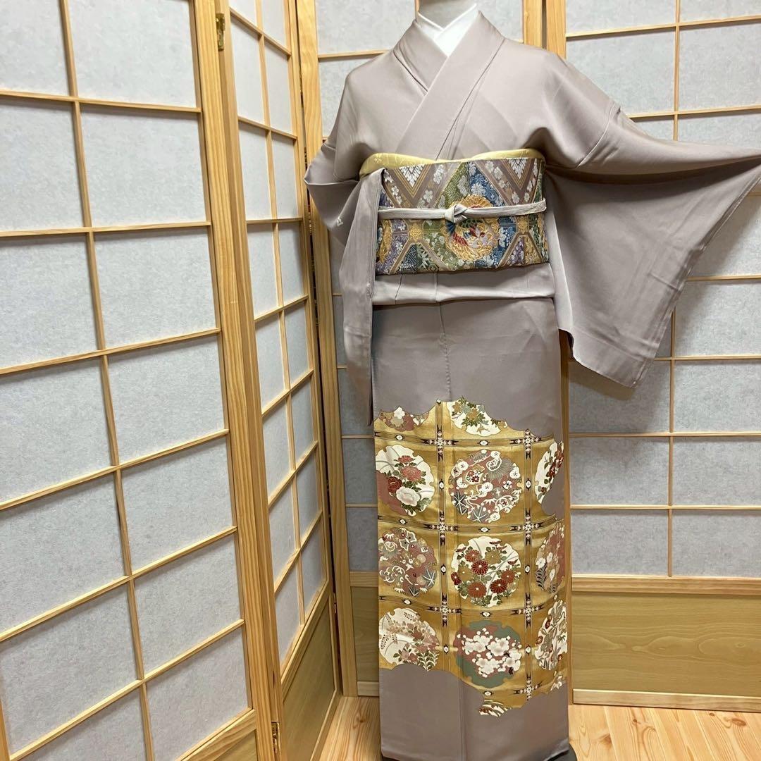 ［4429］色留袖 雪輪花文様 金彩 三つ紋 渡辺星 正絹 着物 袷