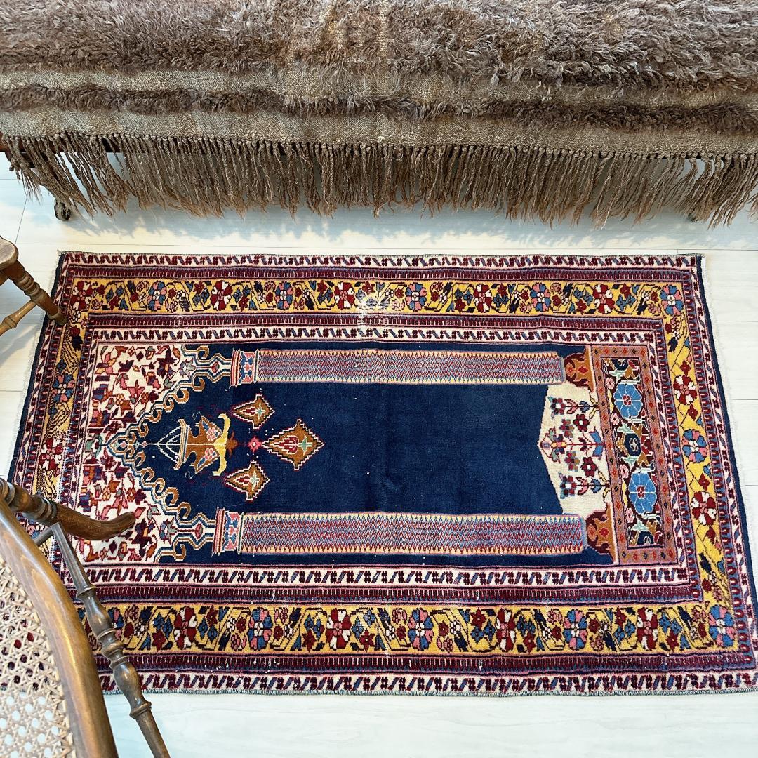 トルコ製ヴィンテージラグ838レア 高級 カイセリ ネイビー イエロー ピンク