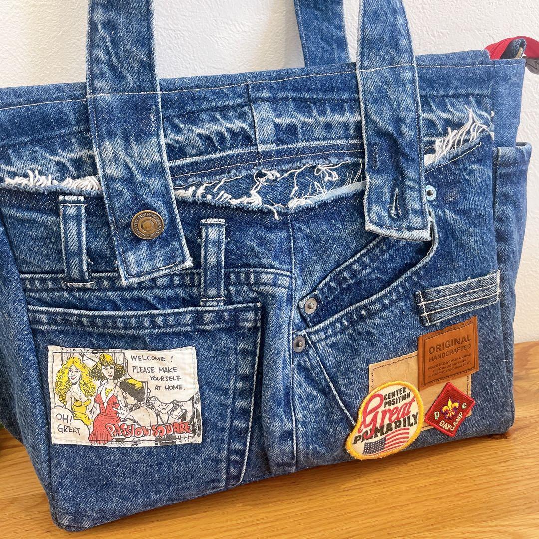 BIGsize★ポケットいっぱい 2wayトートバッグ デニムリメイク 大容量