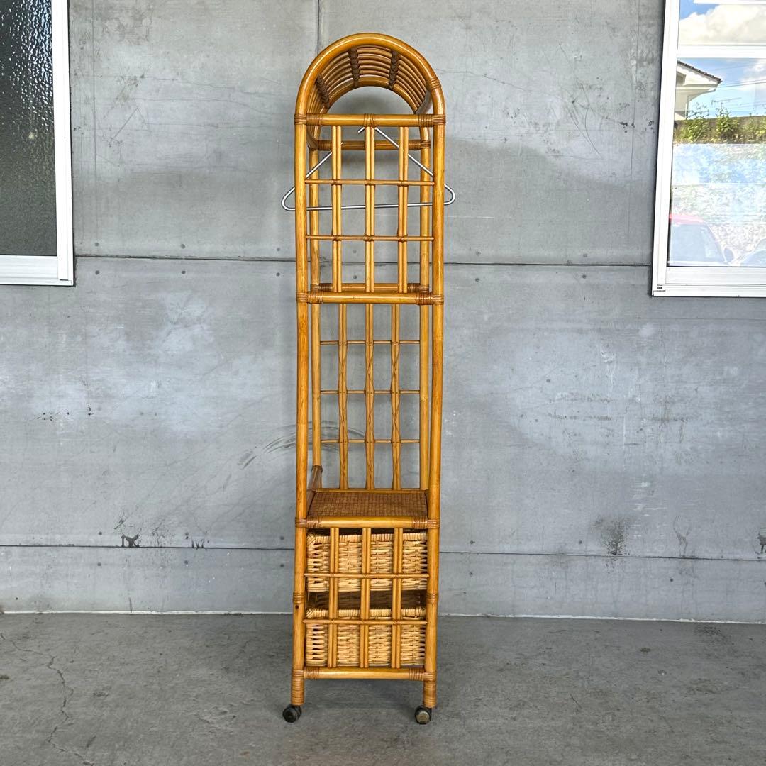 ꧁ラタン꧂昭和レトロ ラタン ハンガーラック 収納付き 籐家具 ヴィンテージ