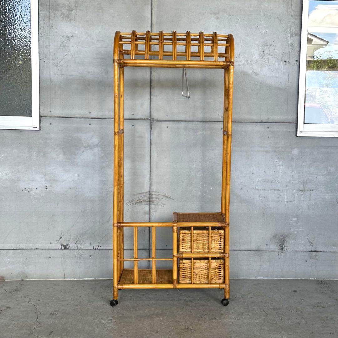 ꧁ラタン꧂昭和レトロ ラタン ハンガーラック 収納付き 籐家具 ヴィンテージ