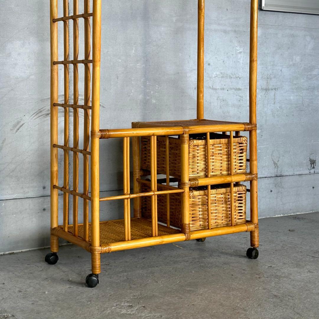 ꧁ラタン꧂昭和レトロ ラタン ハンガーラック 収納付き 籐家具 ヴィンテージ