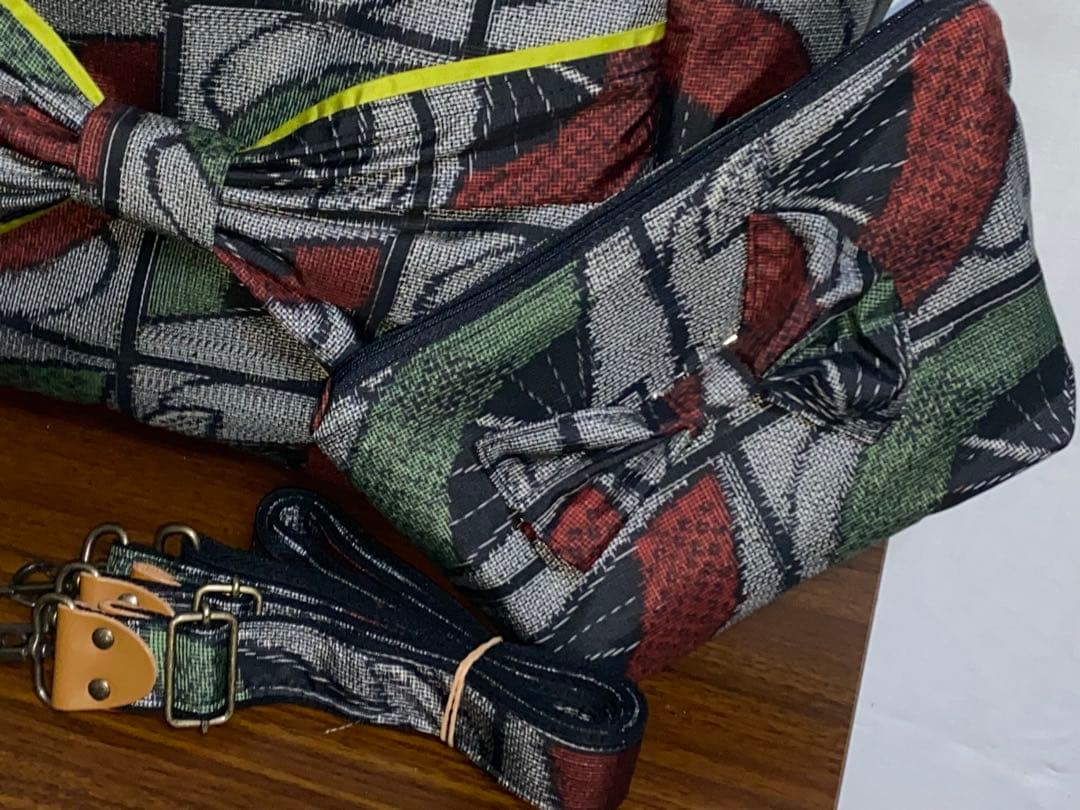 大島紬&岡山デニム☆Mサイズ☆4way♪あおりバッグ☆ポーチ付き