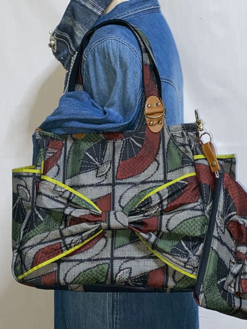 大島紬&岡山デニム☆Mサイズ☆4way♪あおりバッグ☆ポーチ付き