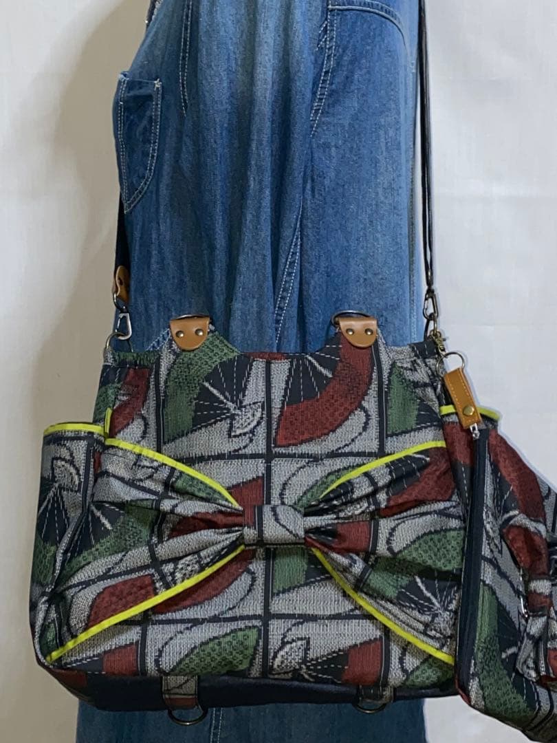 大島紬&岡山デニム☆Mサイズ☆4way♪あおりバッグ☆ポーチ付き